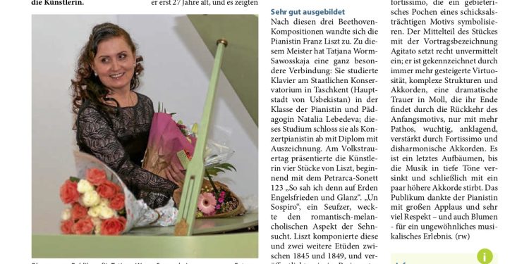 Pressebericht über den Klavierabend am Volkstrauertag. Schwetzinger Woche