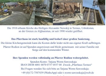 Pfarrhaus Termes, Usbekistan. Spendenaufruf